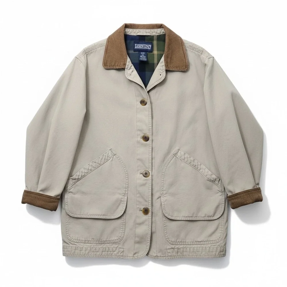 Lands' End Chore Coat Women Large Canvas Barn Field Flannel Lined Corduroy Tan - Picture 2 of 14